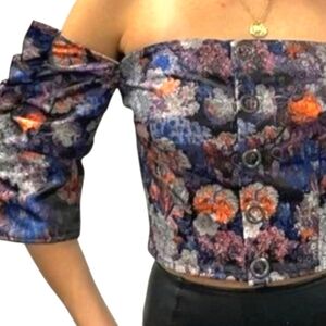 H&M Orange Purple Blue Jacquard Floral Off Shoulder Crop Y2K Top SZ 10